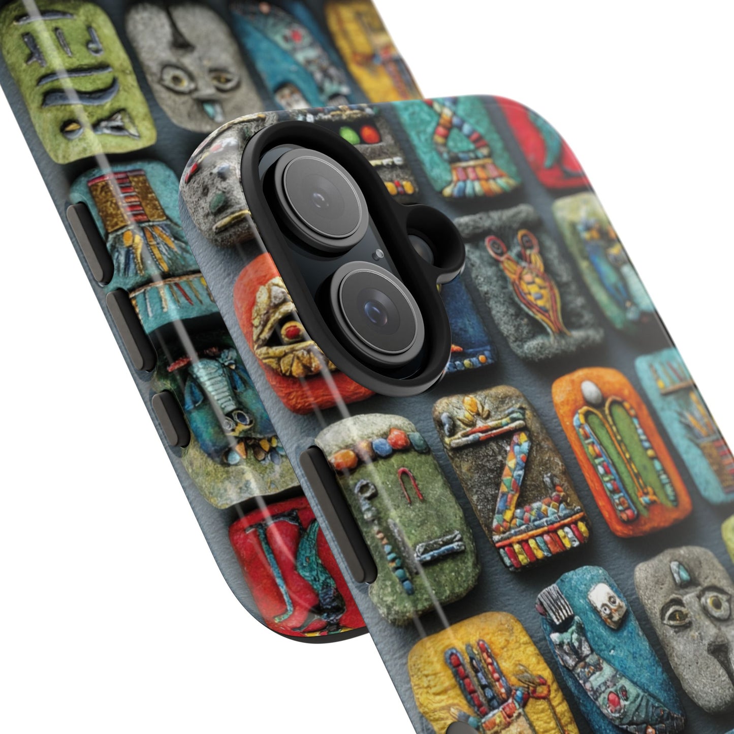 Phone case with colorful Egyptian-themed design on a white background