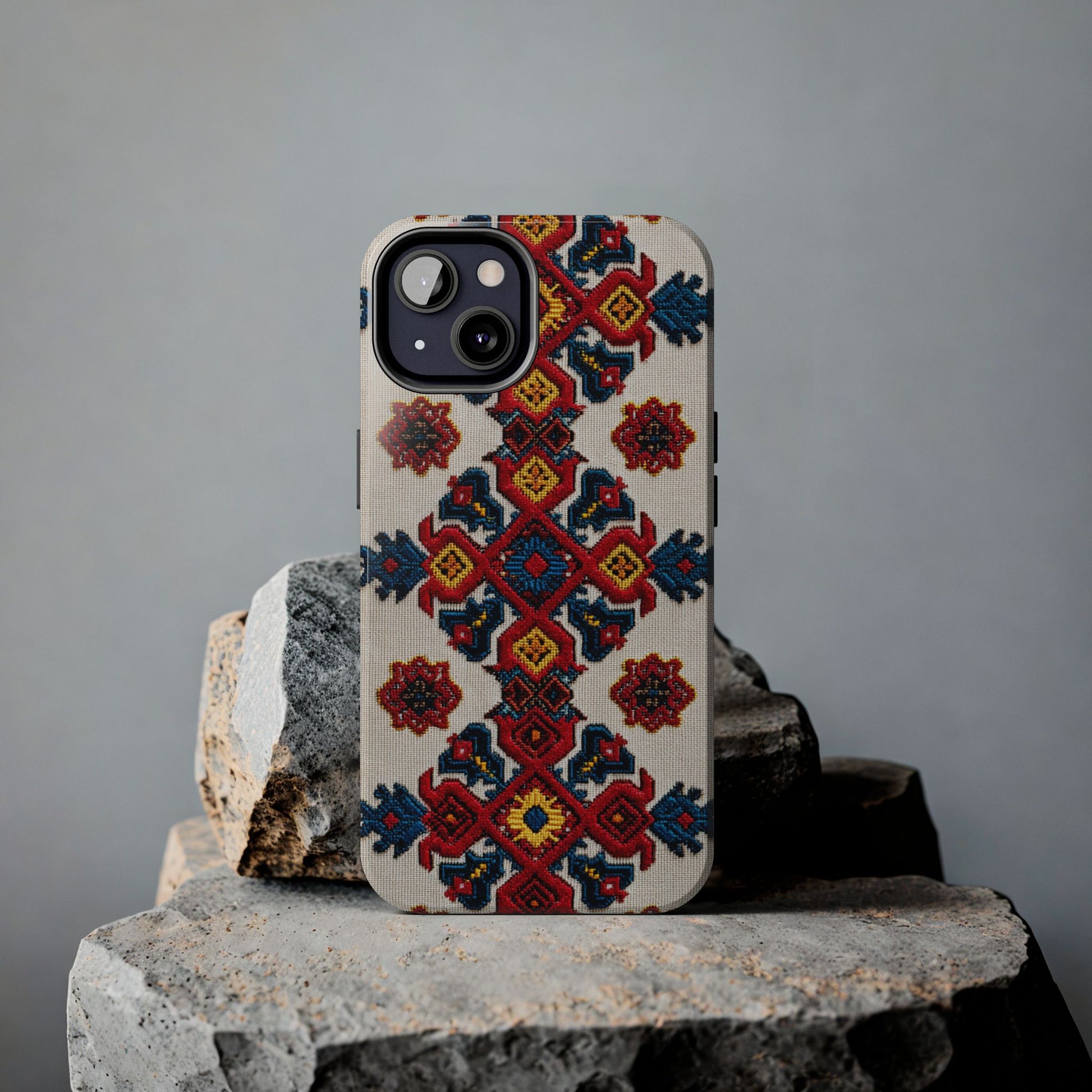 Protective phone case with Romanian bohemian floral embroidery
