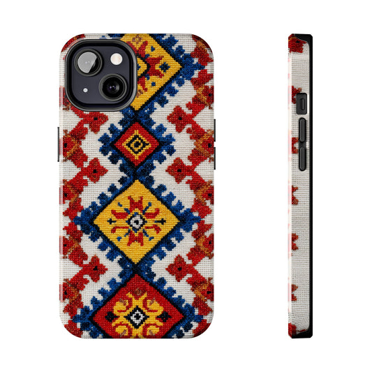 Romanian style vibrant patterned tough phone case front view