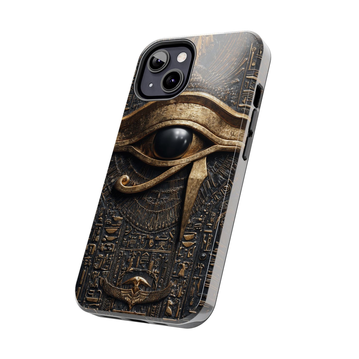 Side view of custom-fit Egyptian Eye phone case buttons access