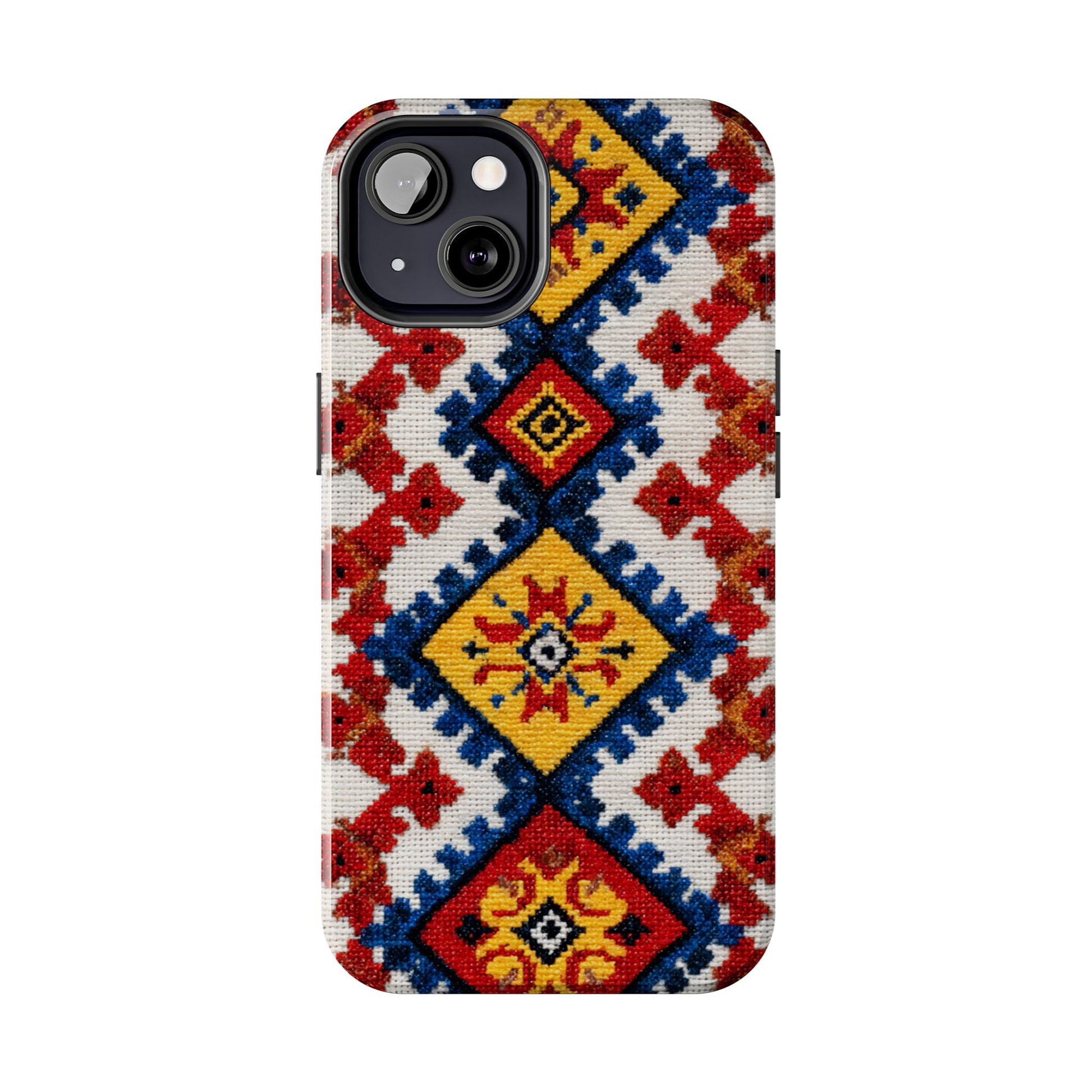 Tough phone case with ethnic Romanian design on smartphone