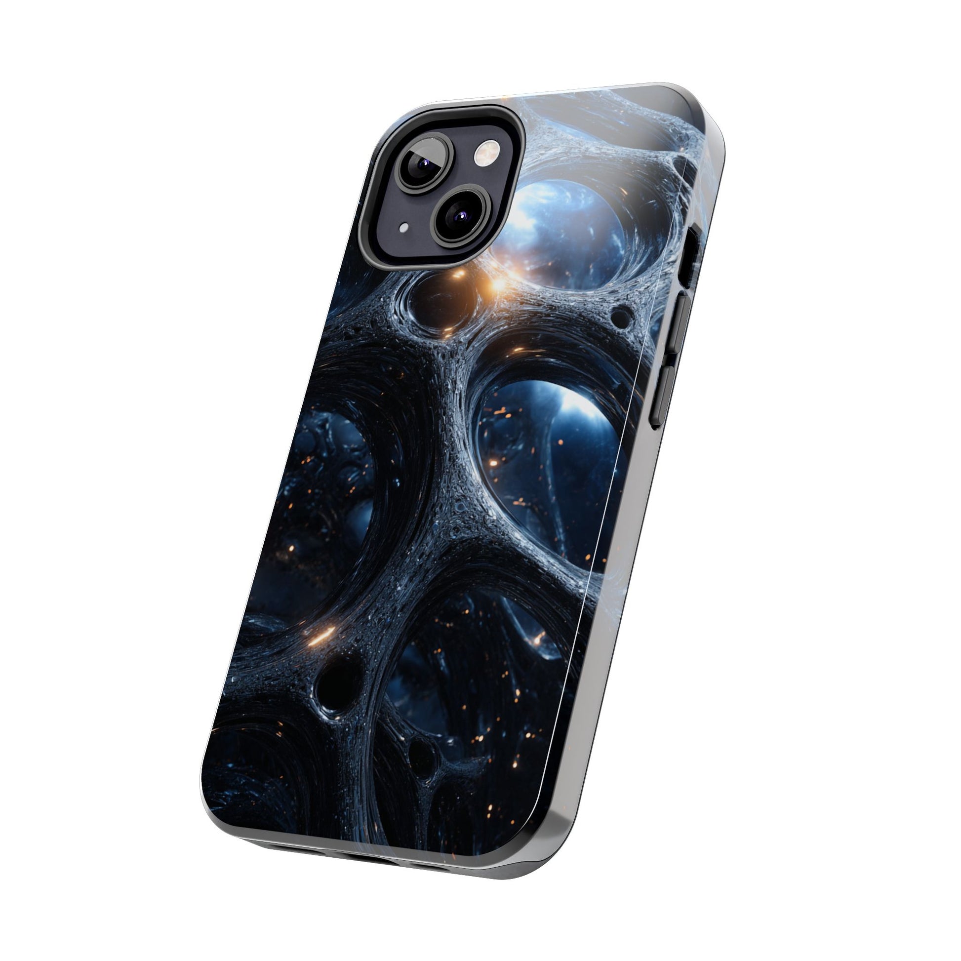 Unique space-themed tough phone protector on rocky outdoor surface