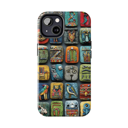 White phone case with colorful hieroglyph-inspired Egyptian design