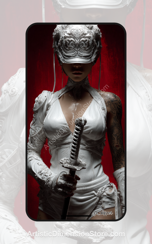 Mystical Cyber Samurai Digital Wallpaper – Ornate White Armor Sci-Fi Art by Skipper