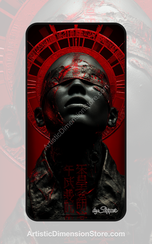 Dark Mystical Warrior Wallpaper – Blindfolded Figure with Red Symbols and Radiant Halo, High-Contrast Fantasy Desktop & Mobile Background